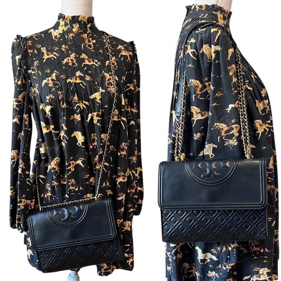 Tory Burch Fleming Leather Convertible Shoulder Bag Crossbody Black Quilted - Picture 4 of 12